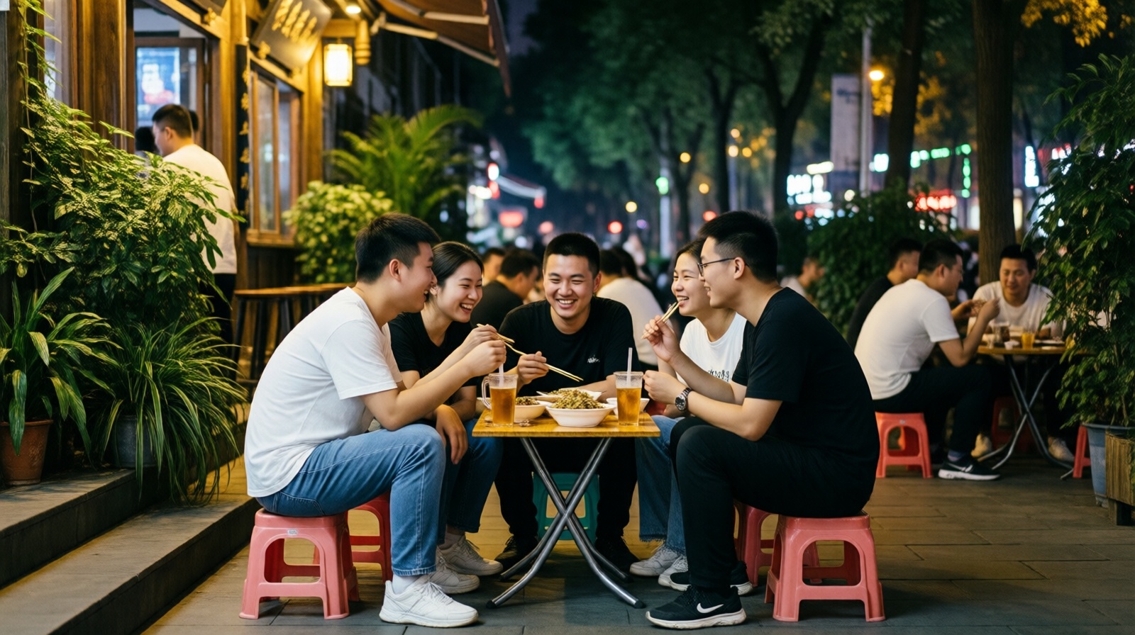 Friends sitting outside a bar in Chengdu enjoying drinks and street food