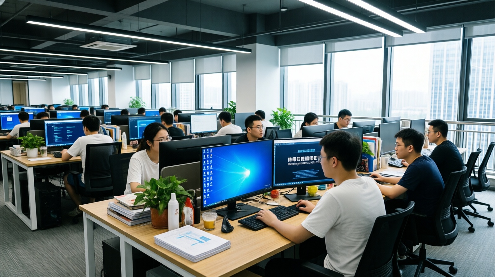 Software developers collaborating at a modern office inside Tianfu Software Park, Chengdu