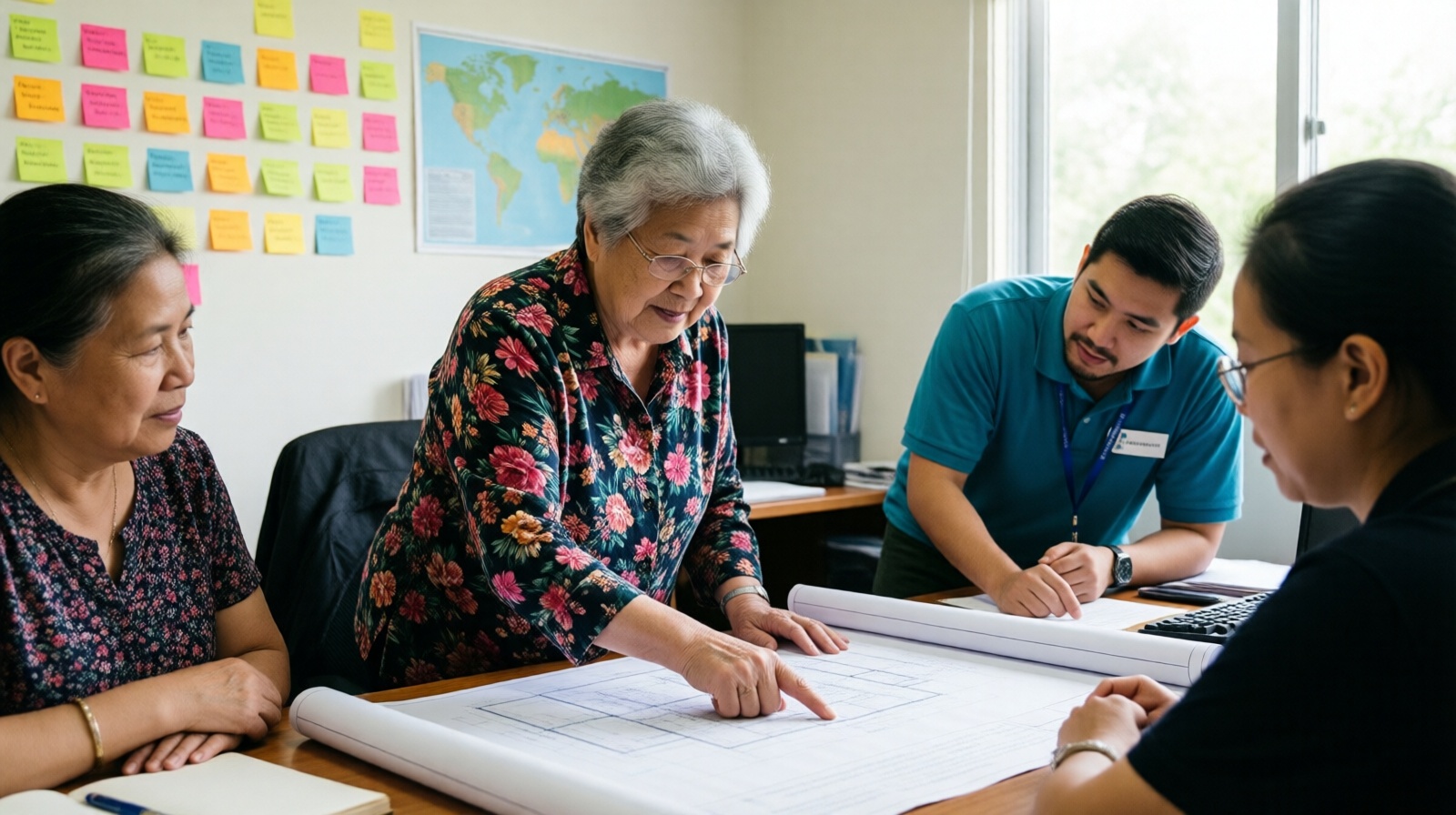 Elderly residents in Chengdu discussing old community renovation plan with a community organizer