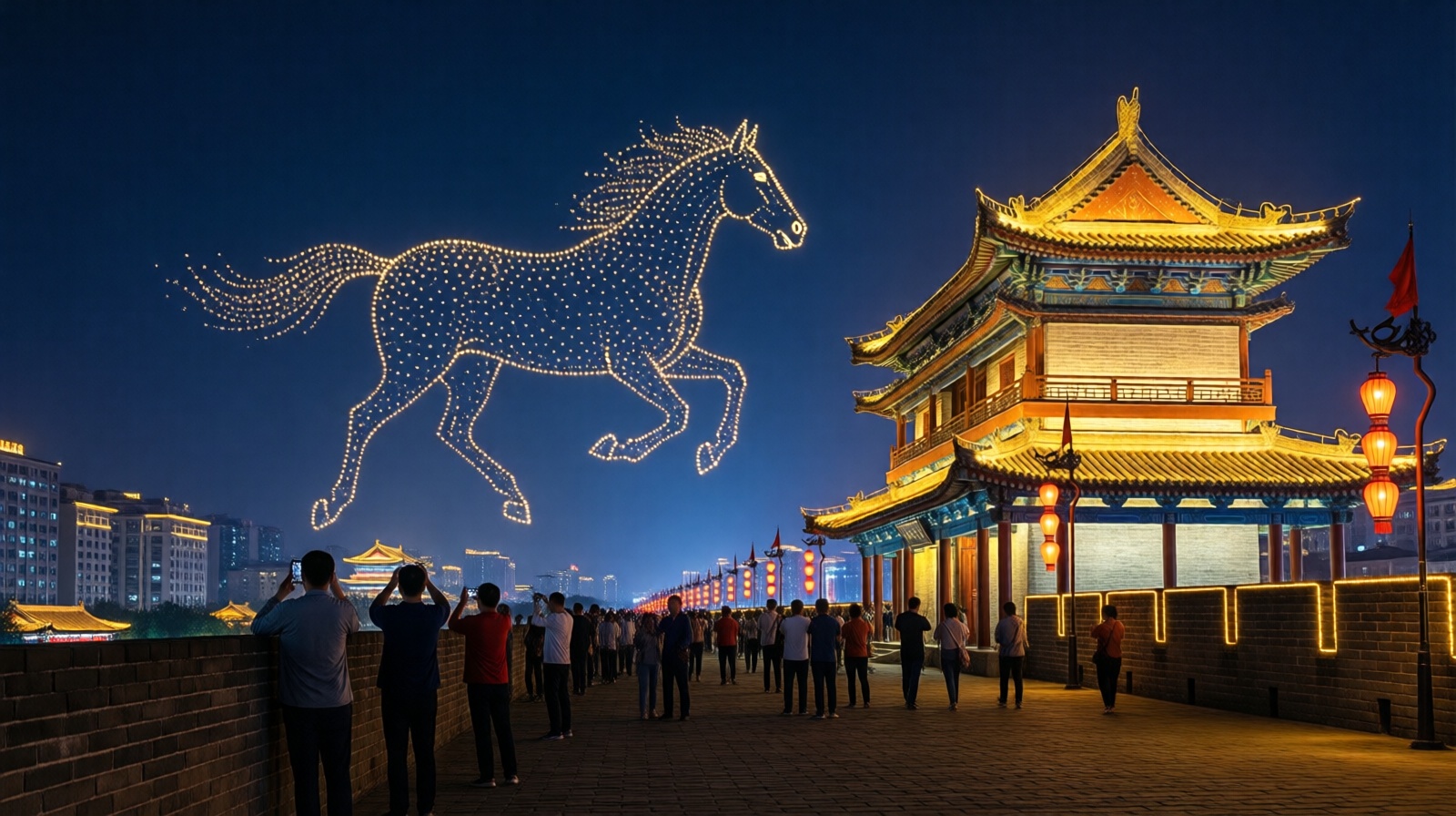 Drones over Xi'an city wall at night forming a glowing horse silhouette, with tourists watching from the ancient fortification
