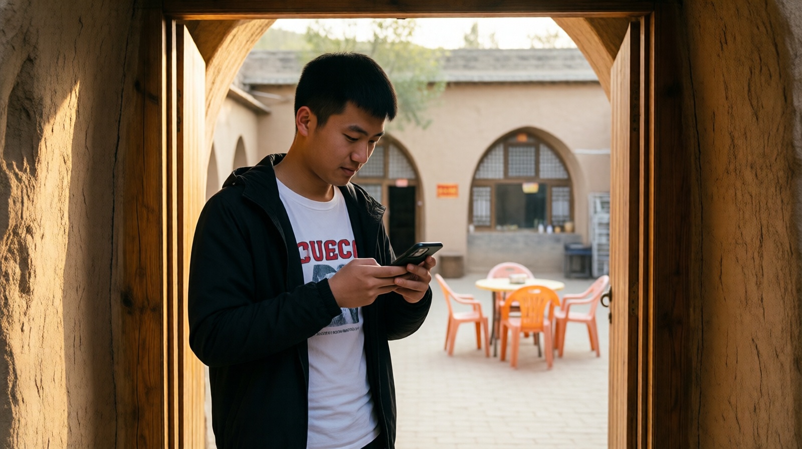 Son of a cave homestay owner in Yan'an checking bookings on a smartphone in front of the arched cave entrance