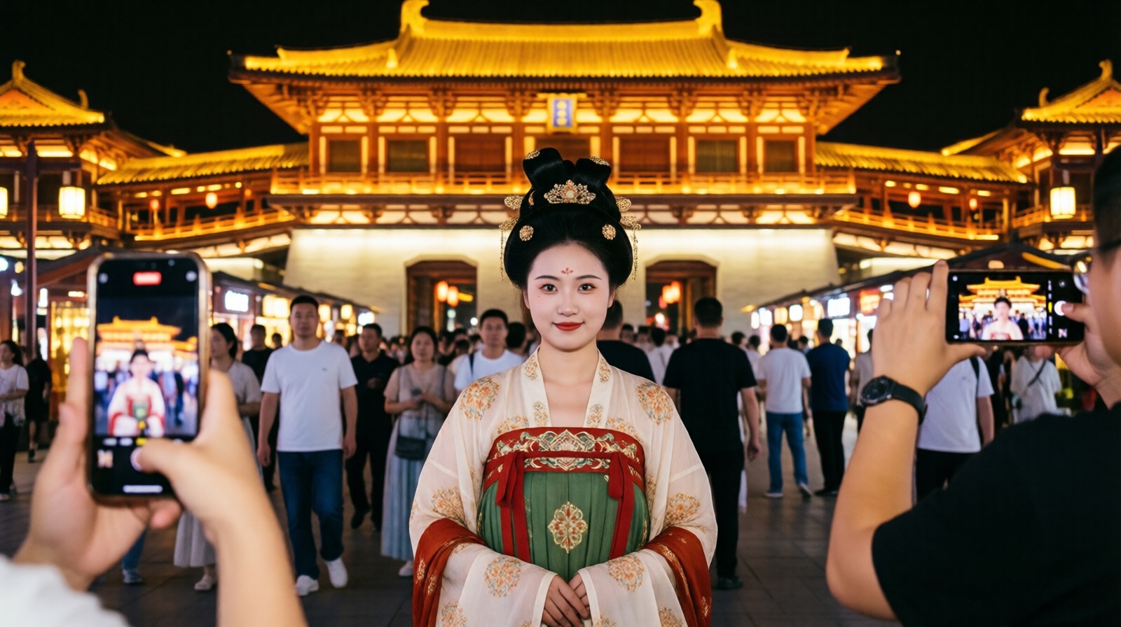 Visitor in traditional Tang dynasty dress taking photos at night in Xi'an's Grand Tang Dynasty Mall.
