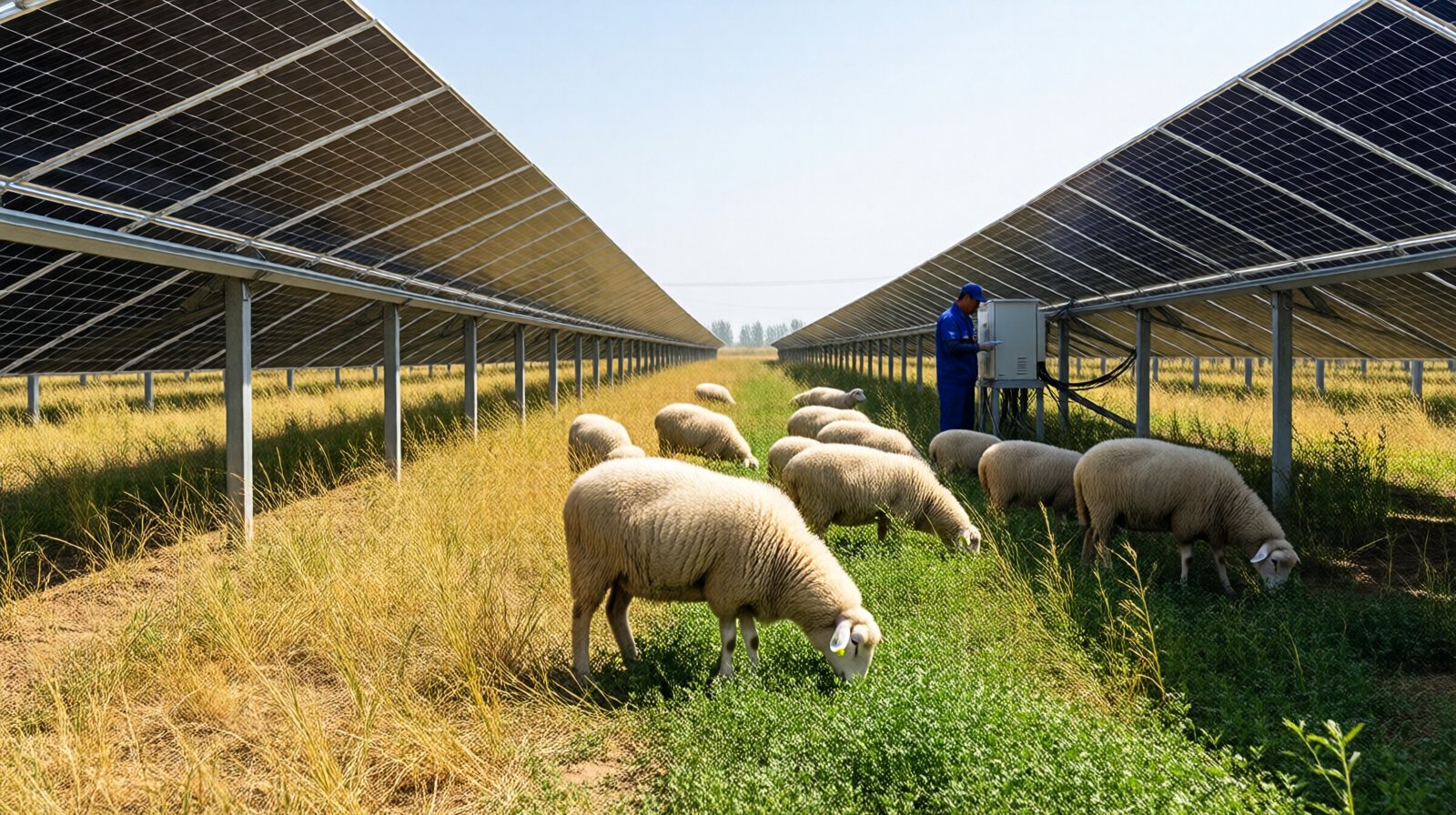 Sheep grazing under solar panels in Yulin's photovoltaic agricultural park, showing desert solar farming in practice.