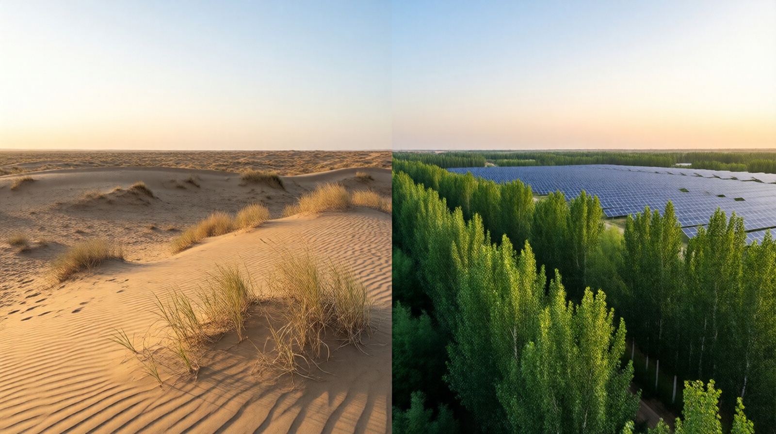 Comparison of a barren desert and a restored green area with solar panels in Yulin, illustrating the Maowusu transformation.