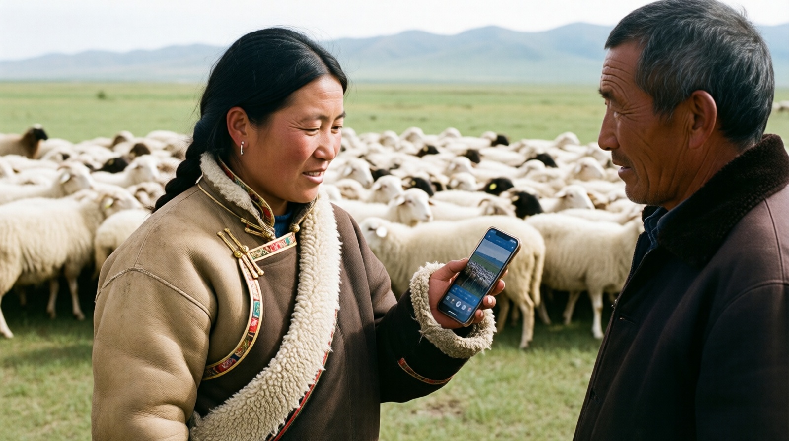 Ningxia tan sheep herder using a smartphone to track his flock.