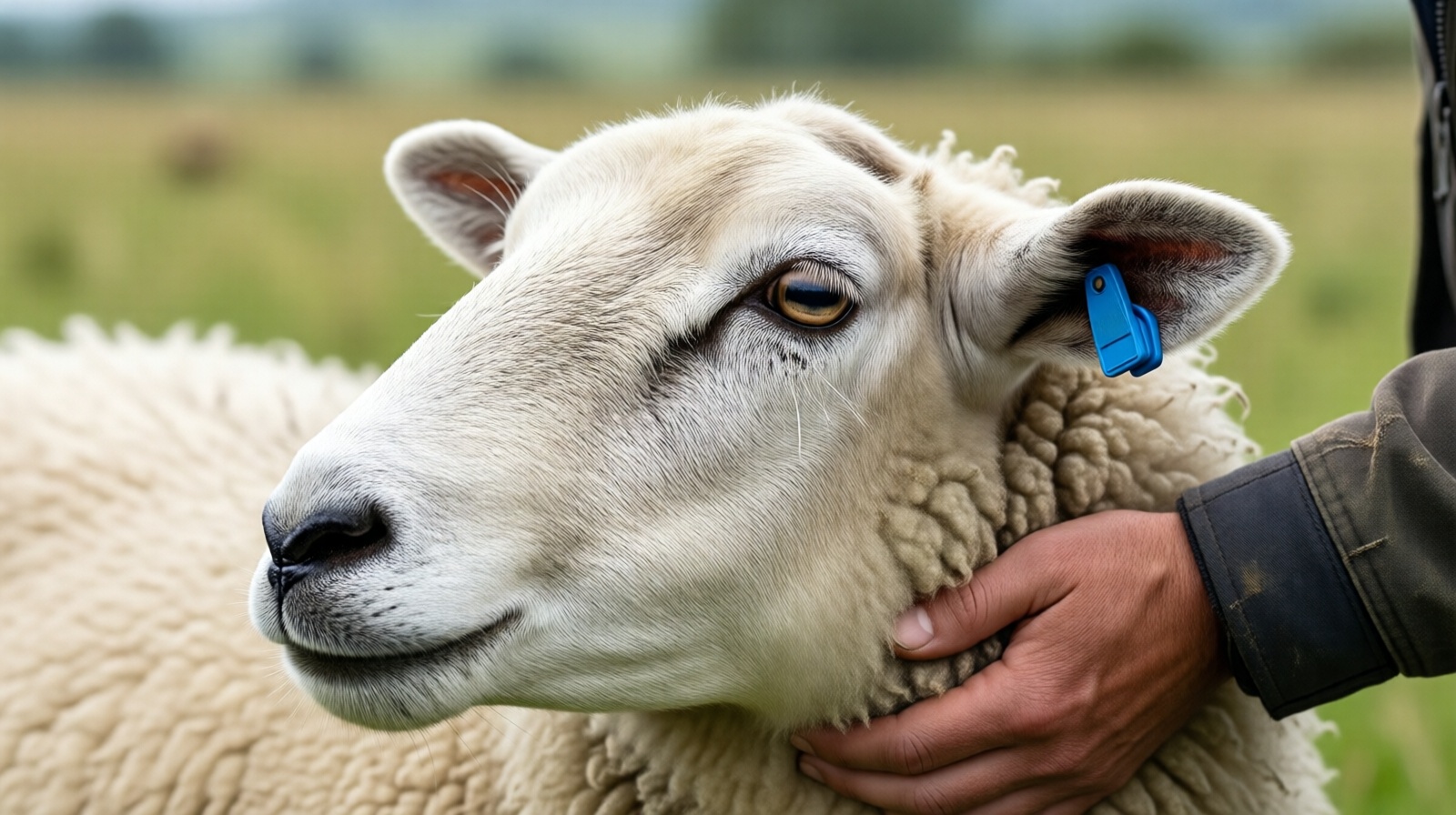 Close-up of a tan sheep wearing a GPS ear tag for tracking and health monitoring.