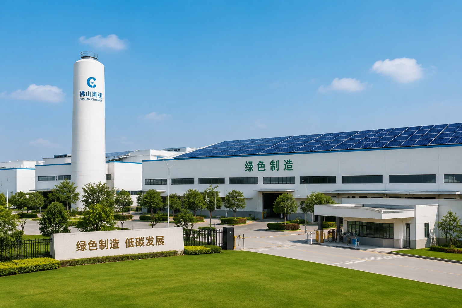 Foshan ceramic factory rooftop solar panels and clean smokestacks in blue sky