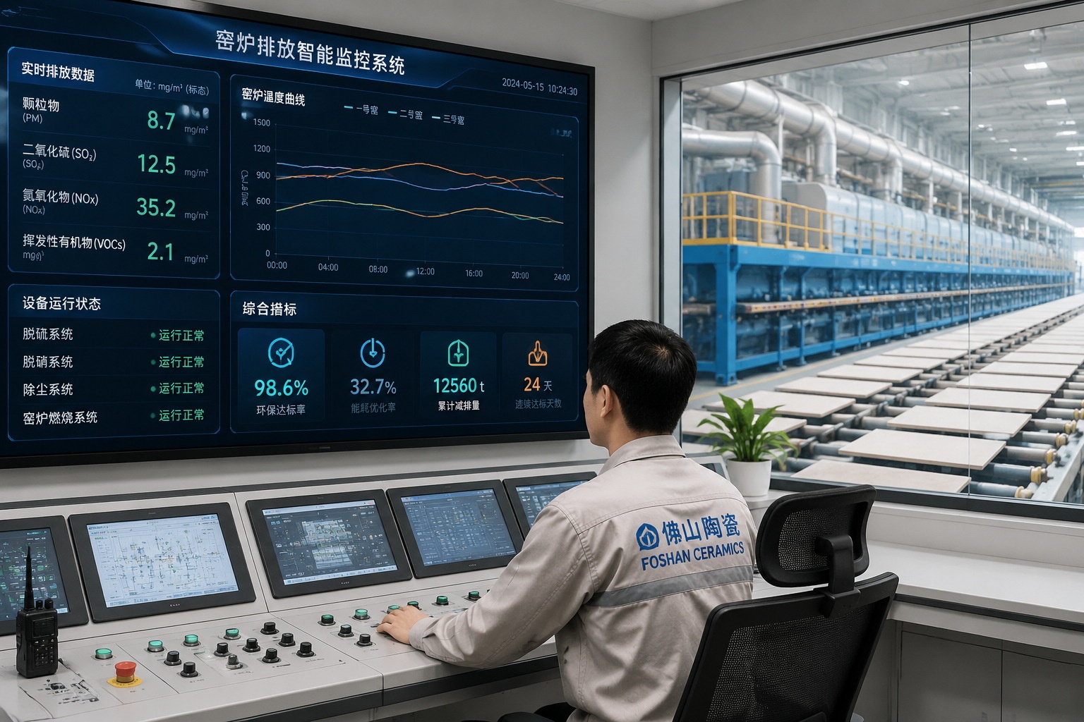 Engineer monitors emission data in a Foshan ceramics factory control room