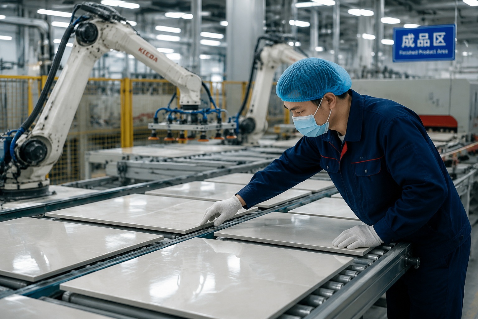 Worker inspects ceramic tiles on an automated production line in Foshan