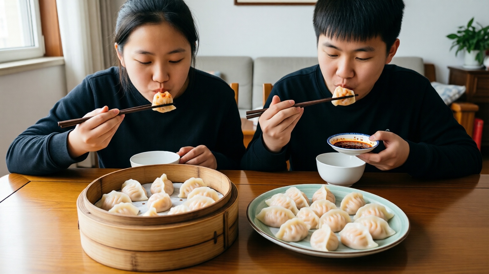 Two young Chinese friends comparing taste of fresh and frozen shrimp dumplings at a home dining table