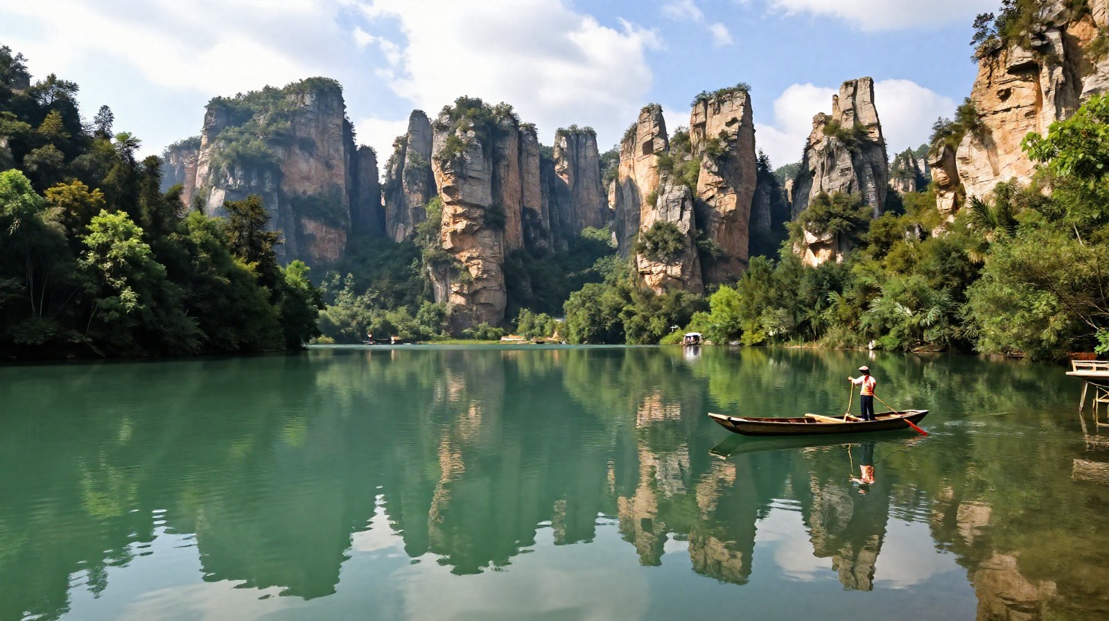 Baofeng Lake in Zhangjiajie with green water, sandstone peaks, and a small rowboat.