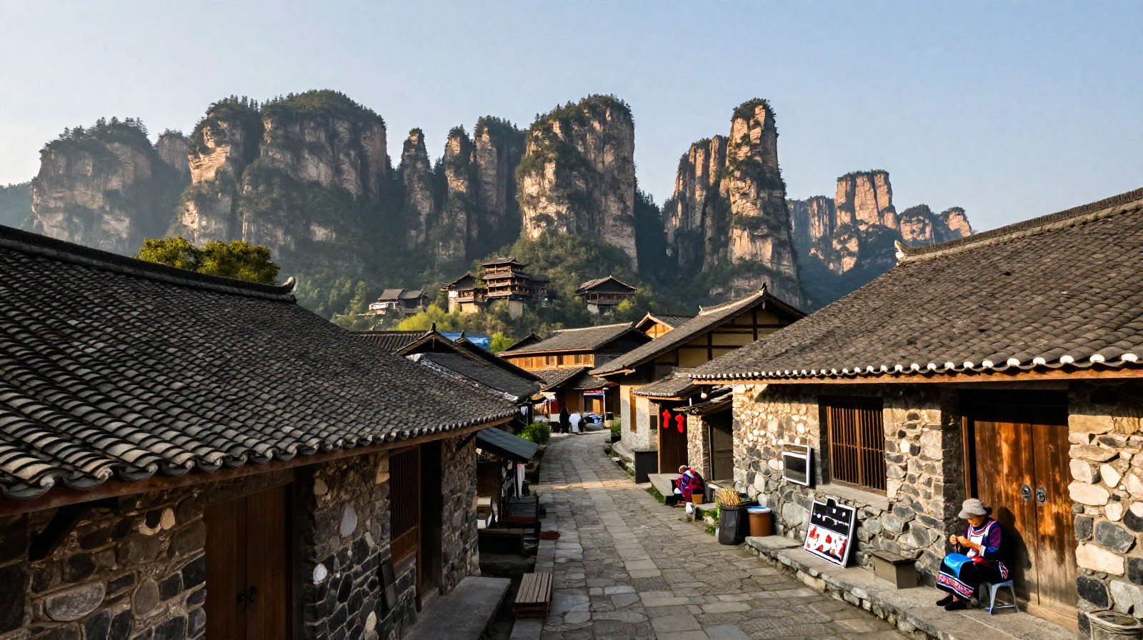 Traditional Tujia village (Lijiaping) near Zhangjiajie with stone houses and distant mountains.