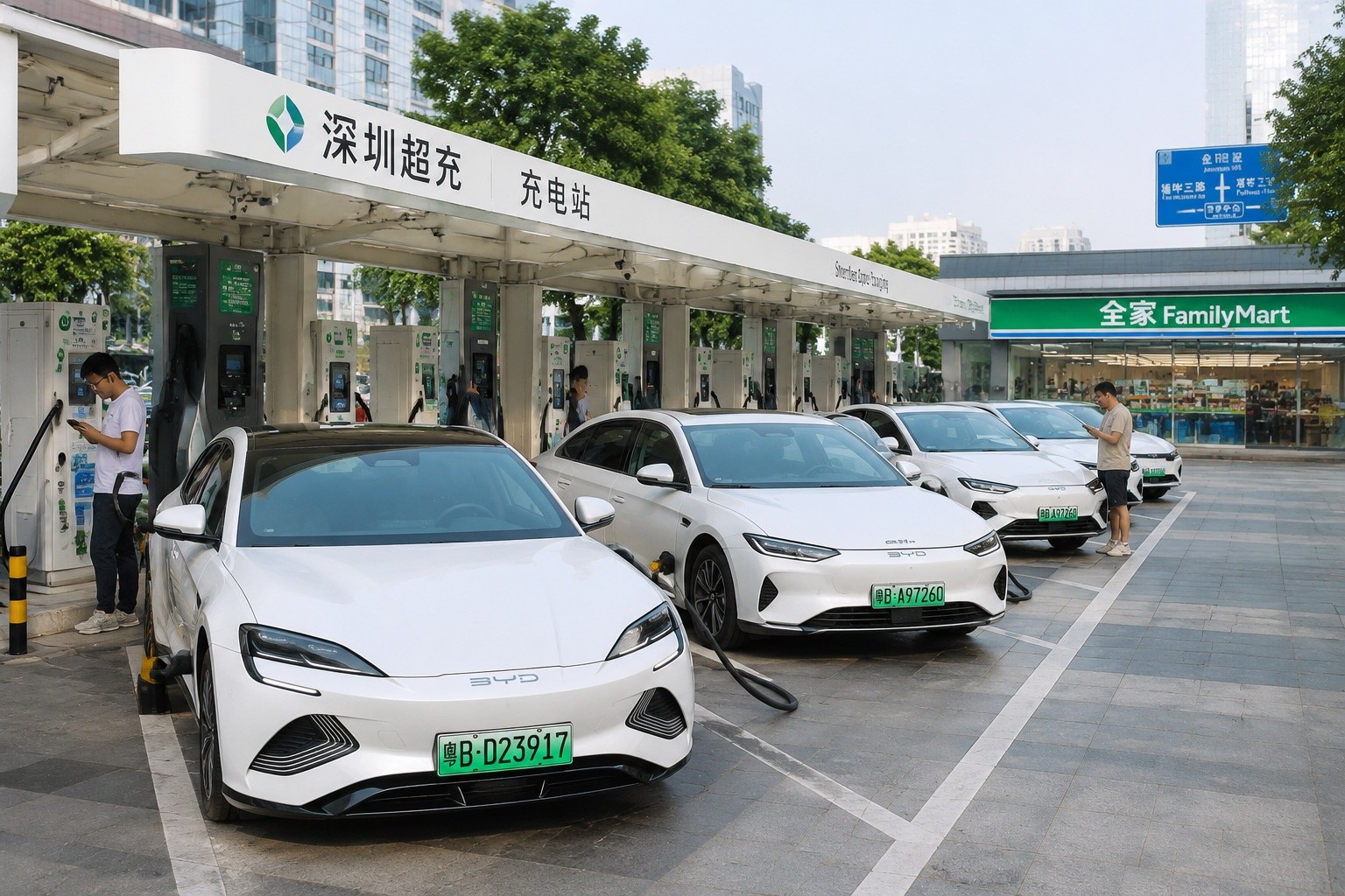 Electric vehicle charging station in Shenzhen with BYD cars plugged in
