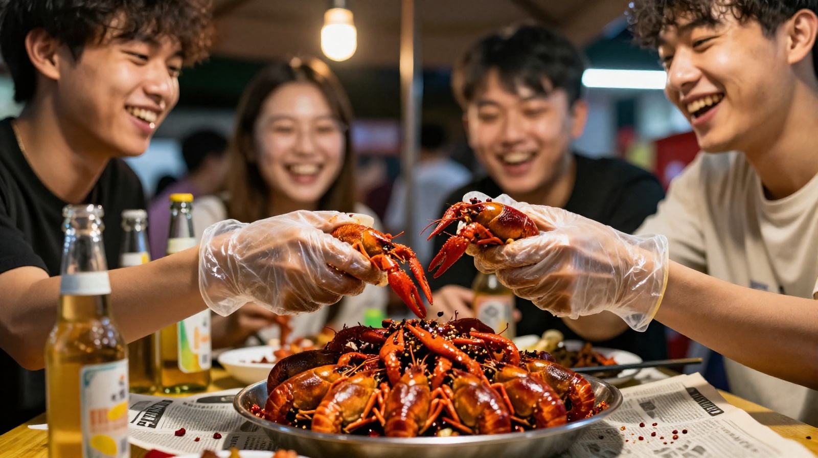 Young locals in Changsha eating spicy crawfish at a night market street stall, with beer and laughter
