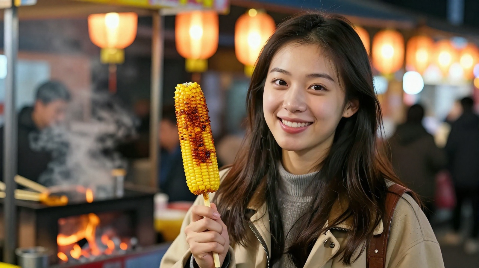 Woman eating grilled chili corn at Changsha night market as a late-night snack
