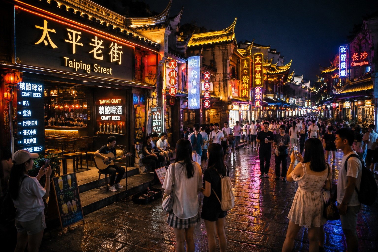 Taiping Street in Changsha at night with neon lights, street performer, and young crowd