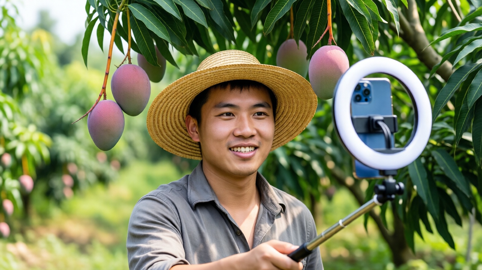 Huang Jun holding a smartphone with a selfie stick and ring light under a mango tree, livestreaming his daily harvest.