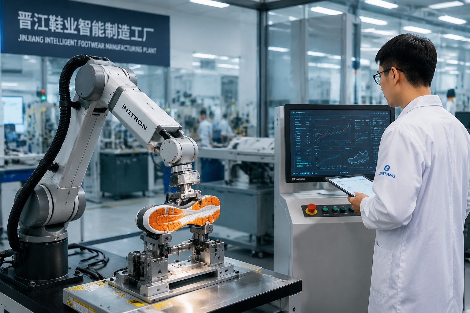 Robotic arm testing running shoe sole in a modern Jinjiang factory