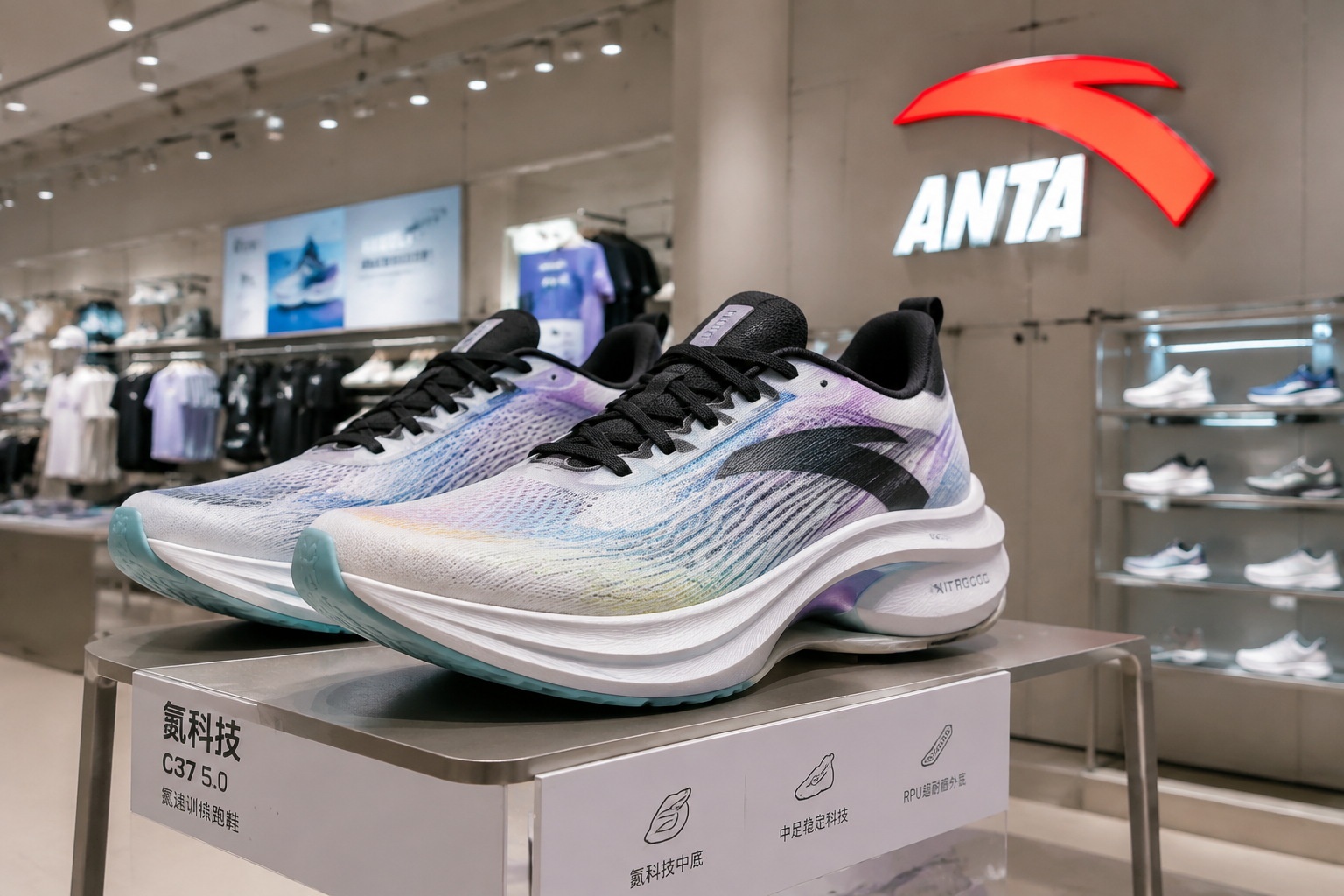 Anta branded running shoes displayed in a sportswear store