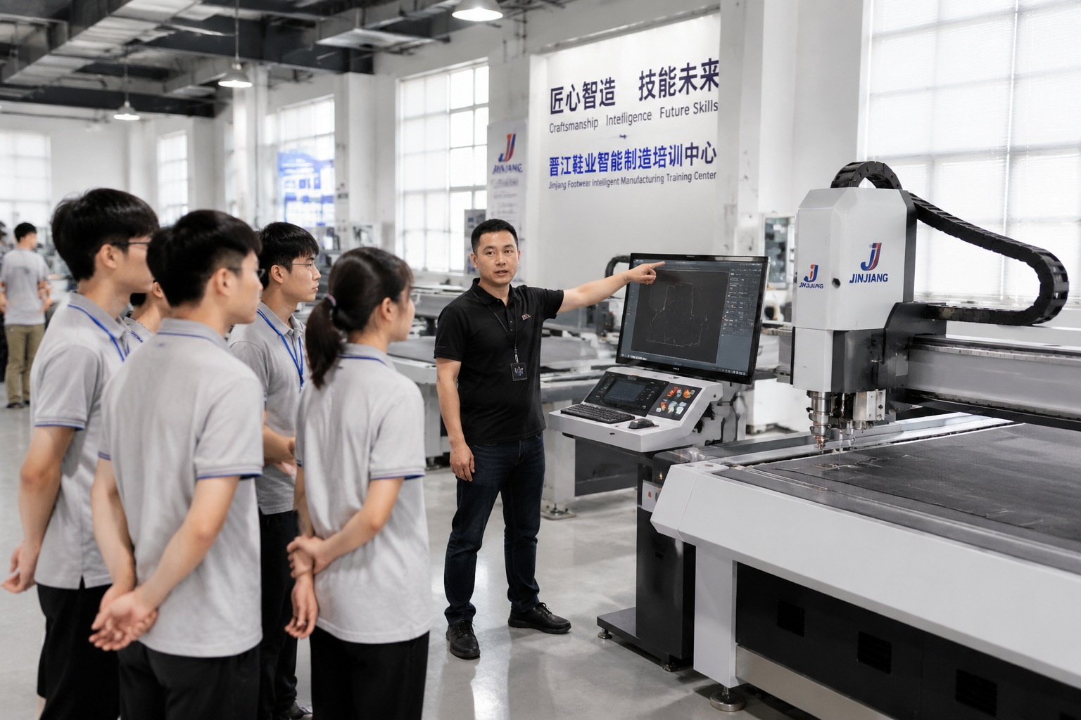 Workers training on robotic machinery in a Jinjiang shoe factory