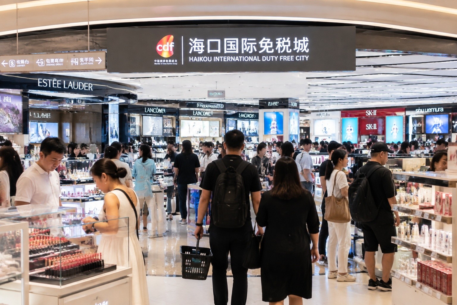 Shoppers browsing duty-free cosmetics and luxury goods in a Hainan duty-free store.