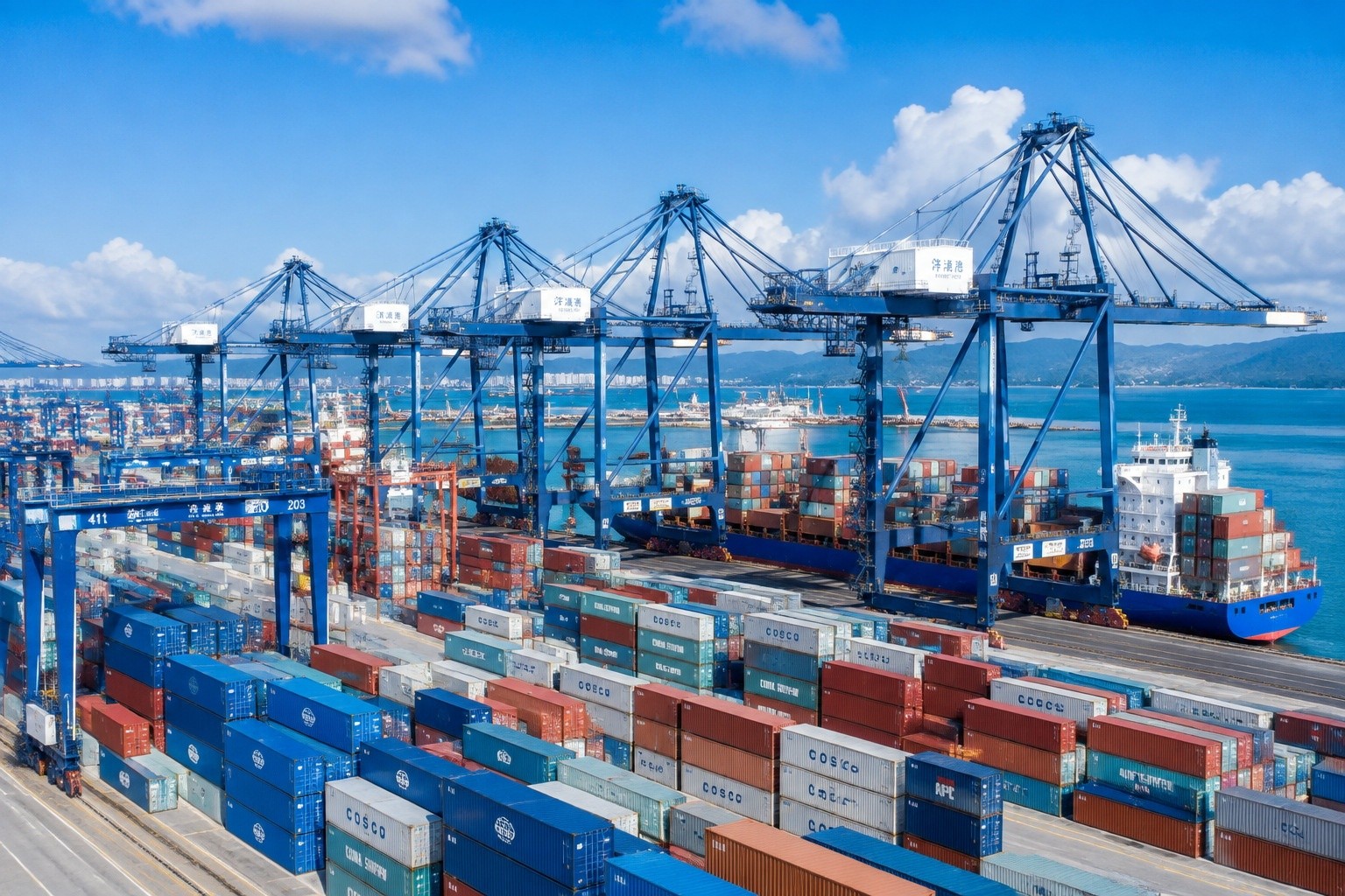 Container terminal at Yangpu Port in Hainan, a key logistics hub for the free trade port.