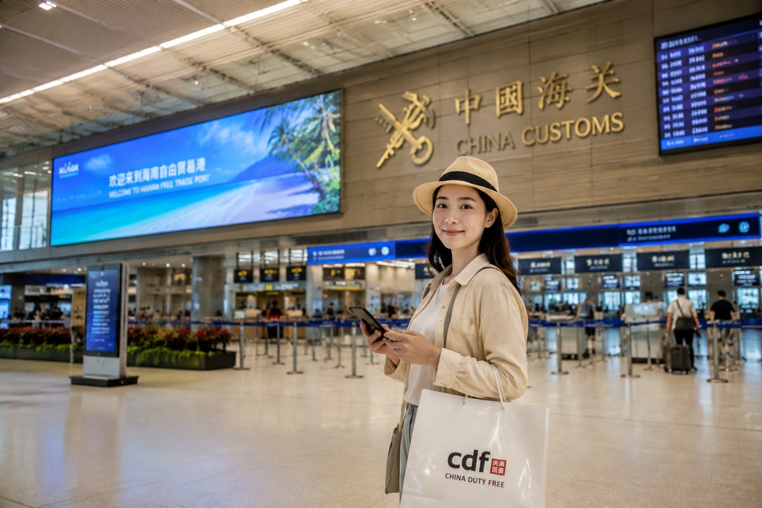 Traveler picking up duty-free order with a smartphone at Hainan airport's customs collection area.