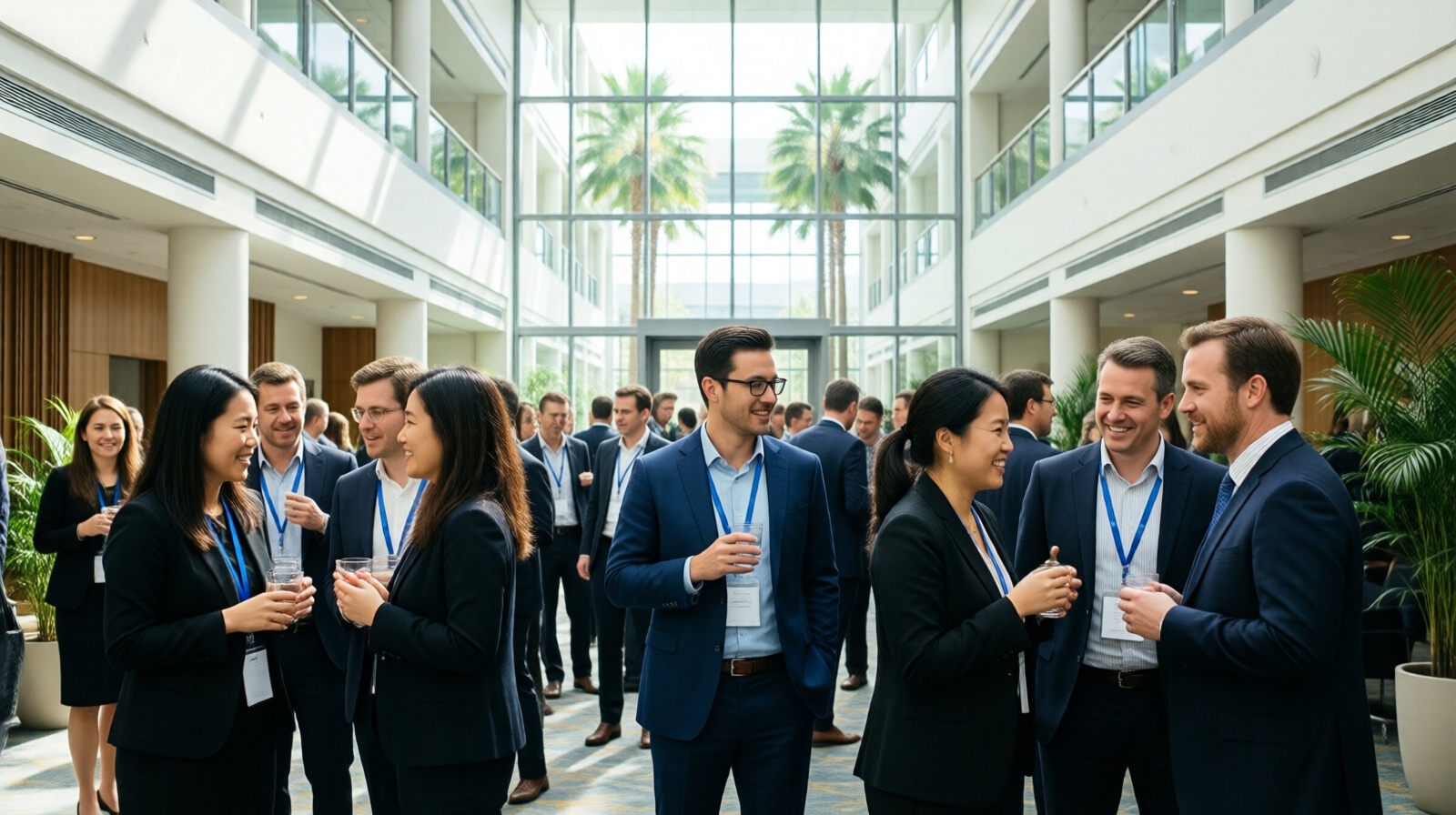 Conference delegates networking inside the Boao Forum International Conference Center during a break.