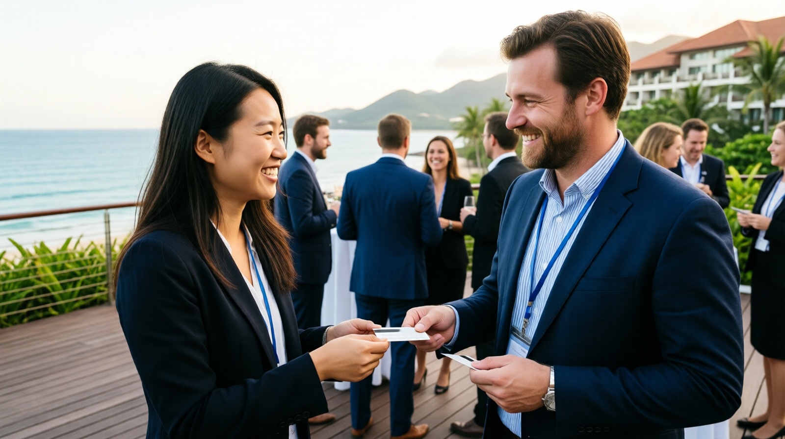 Business cards exchanged during outdoor networking at a Boao conference resort.