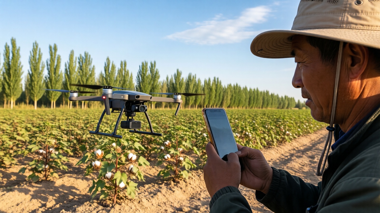 Farmer controlling a drone over young cotton plants in Xinjiang