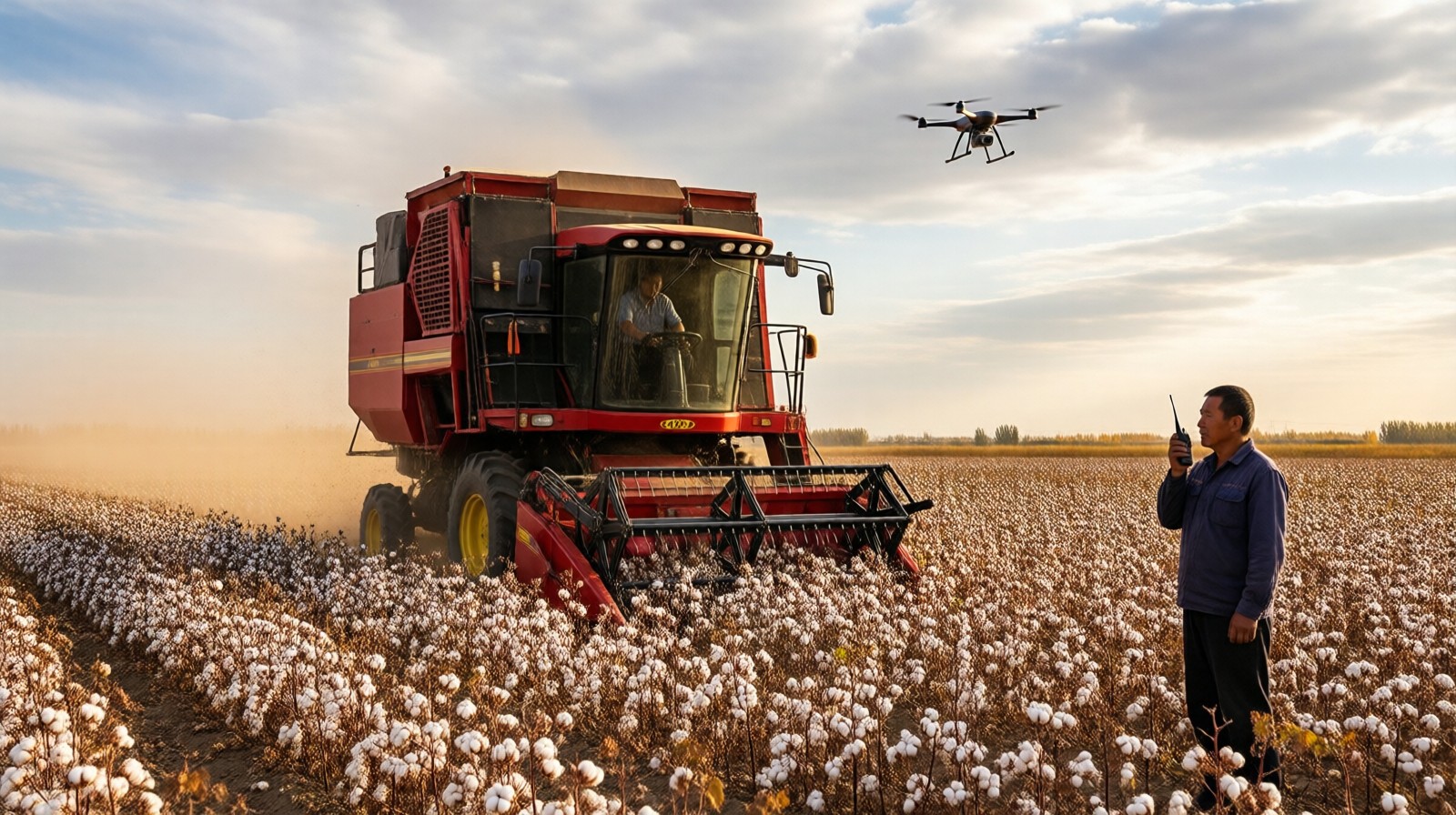 Cotton harvester working in a Xinjiang field with an inspection drone overhead