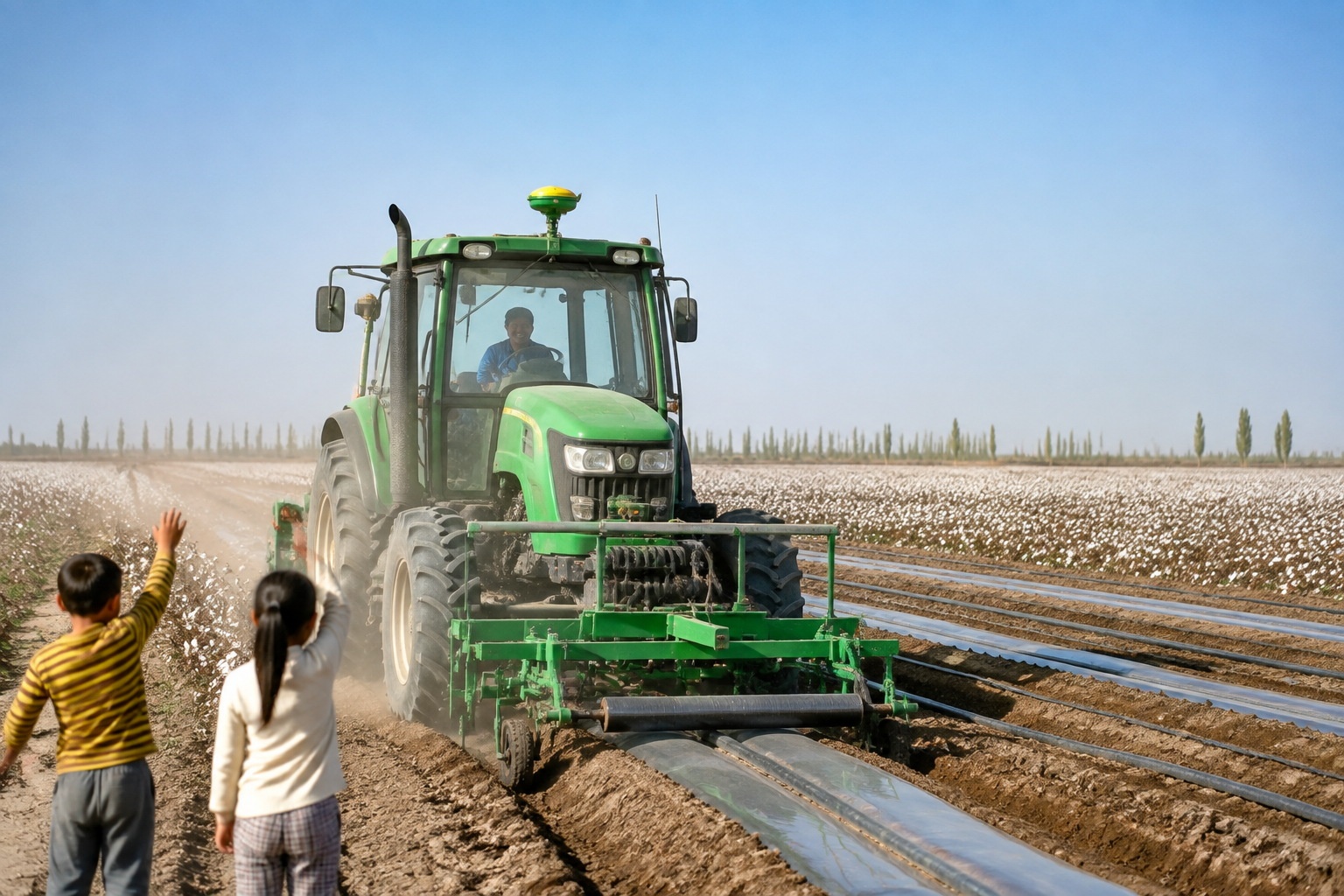 GPS-guided tractor laying drip irrigation in a Xinjiang cotton field