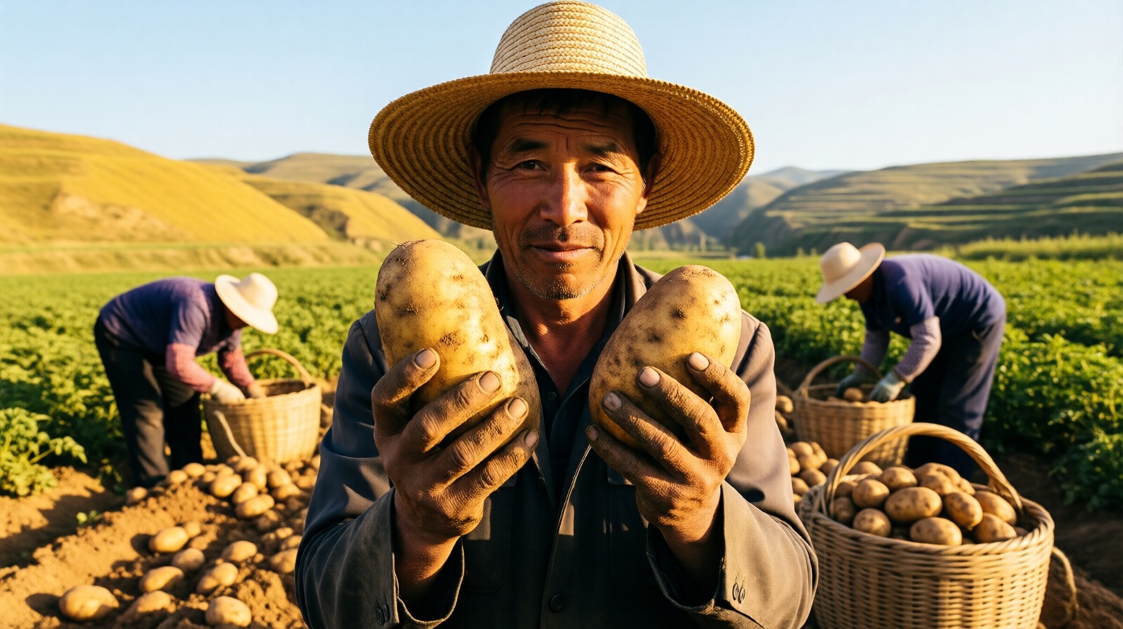 Elderly Gansu farmer holding freshly harvested potatoes in a Dingxi field