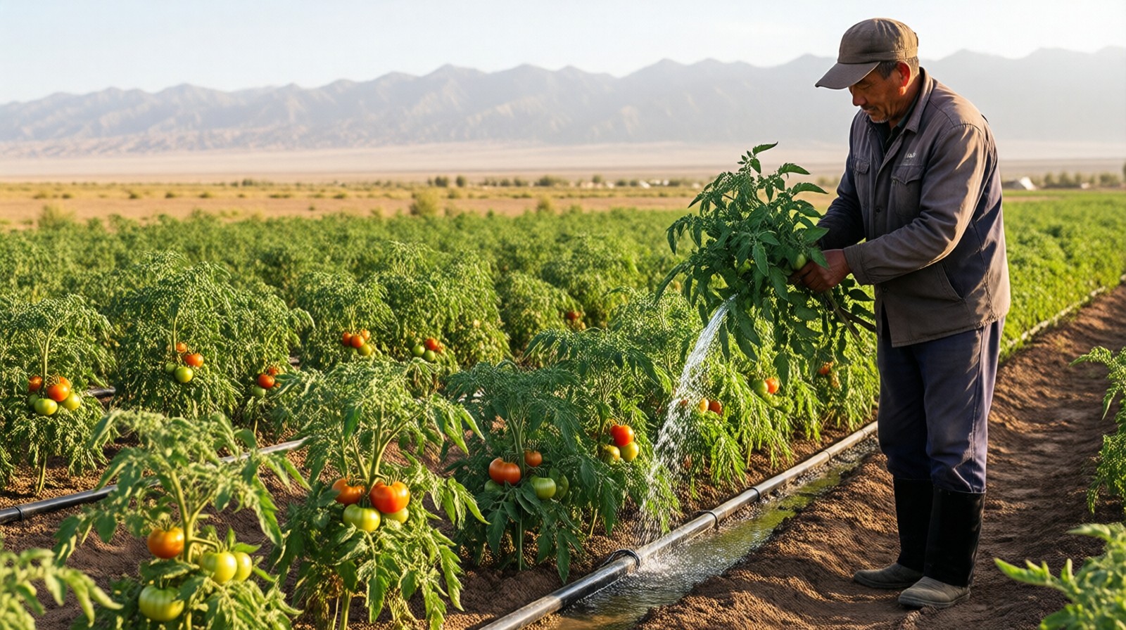 Drip irrigation watering tomato plants on a reclaimed field in Xinjiang's Gobi desert