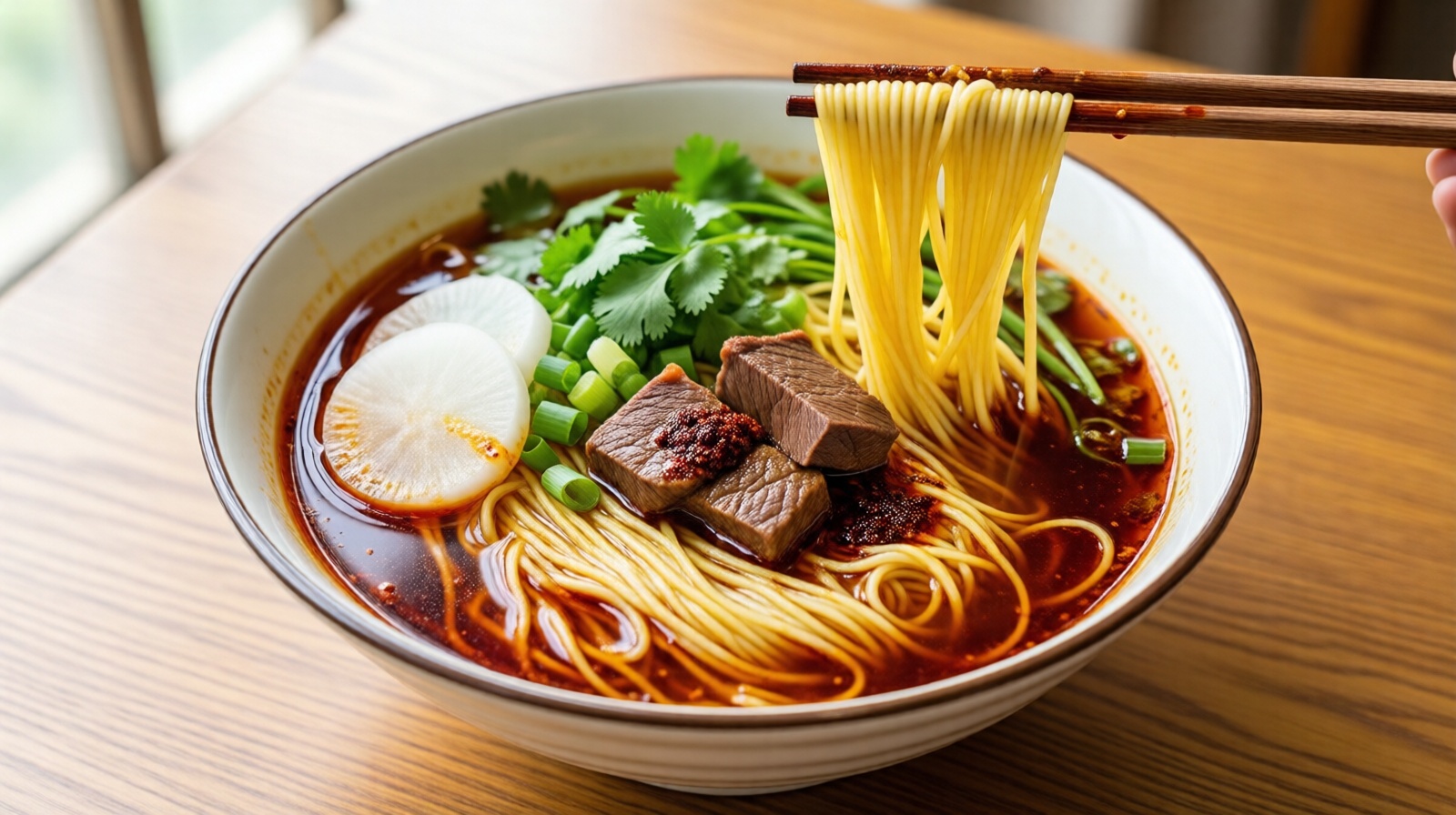 Close-up view of a bowl of Lanzhou beef noodles with chili oil and fresh toppings