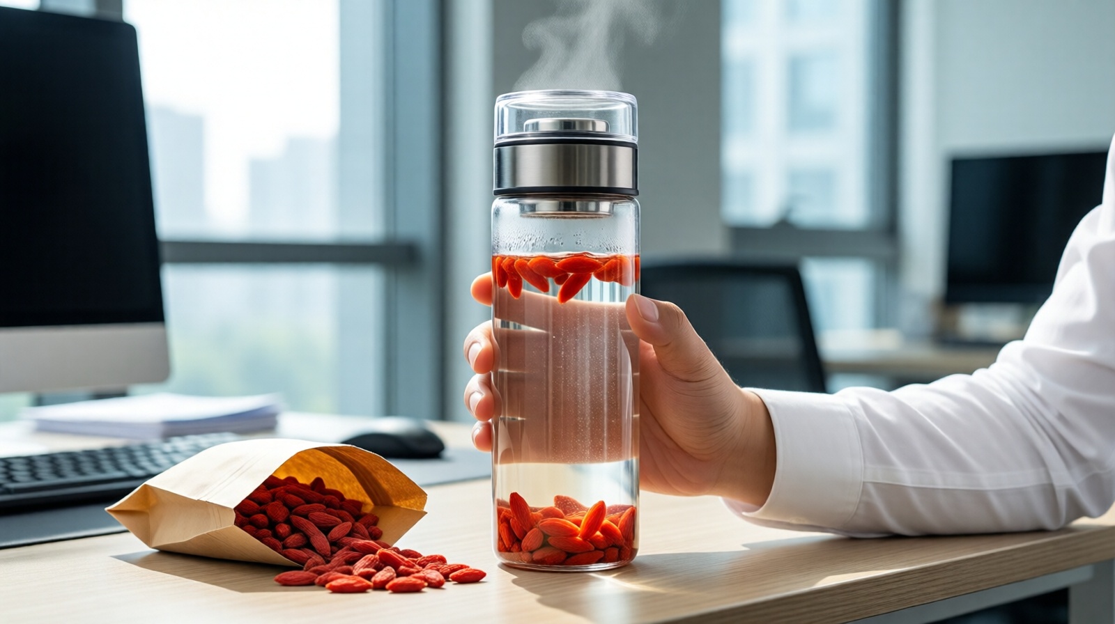 Thermos flask with goji berries on a Beijing office desk