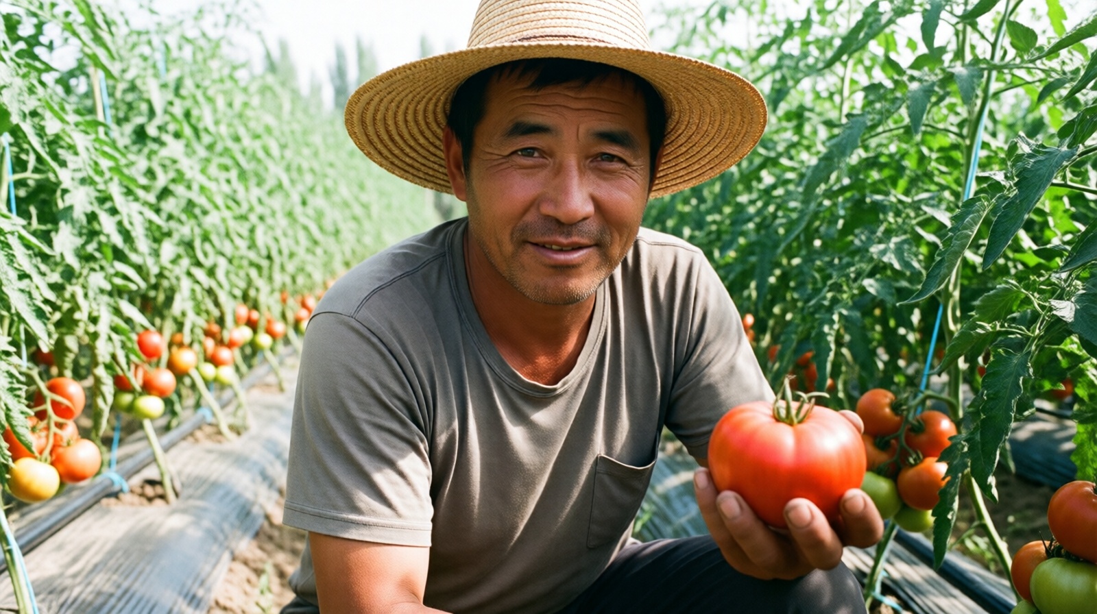 Xinjiang tomato farmer inspecting a ripe tomato in his field