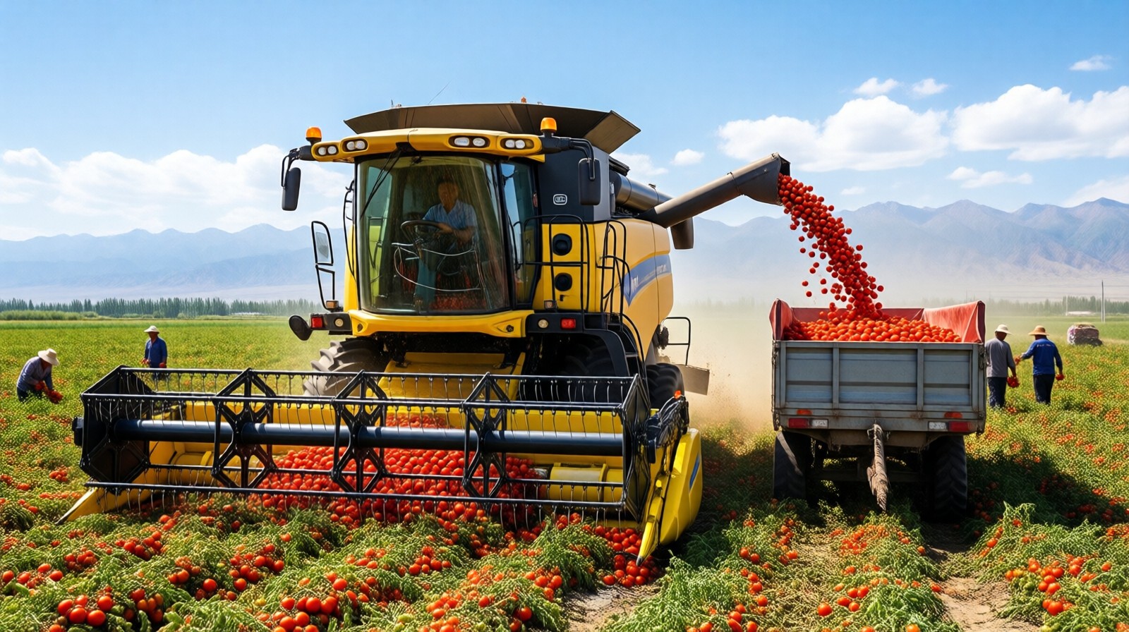 Mechanical harvesting of processing tomatoes in Xinjiang