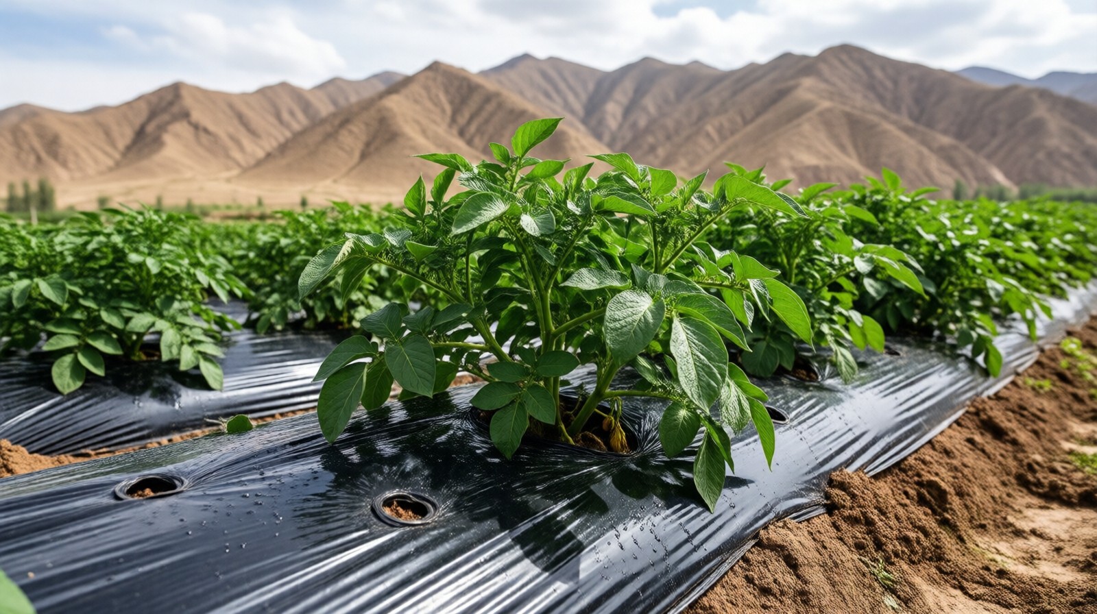 Potato plants growing on black plastic mulch with drip irrigation in a dry Gansu field, dry mountains in the background