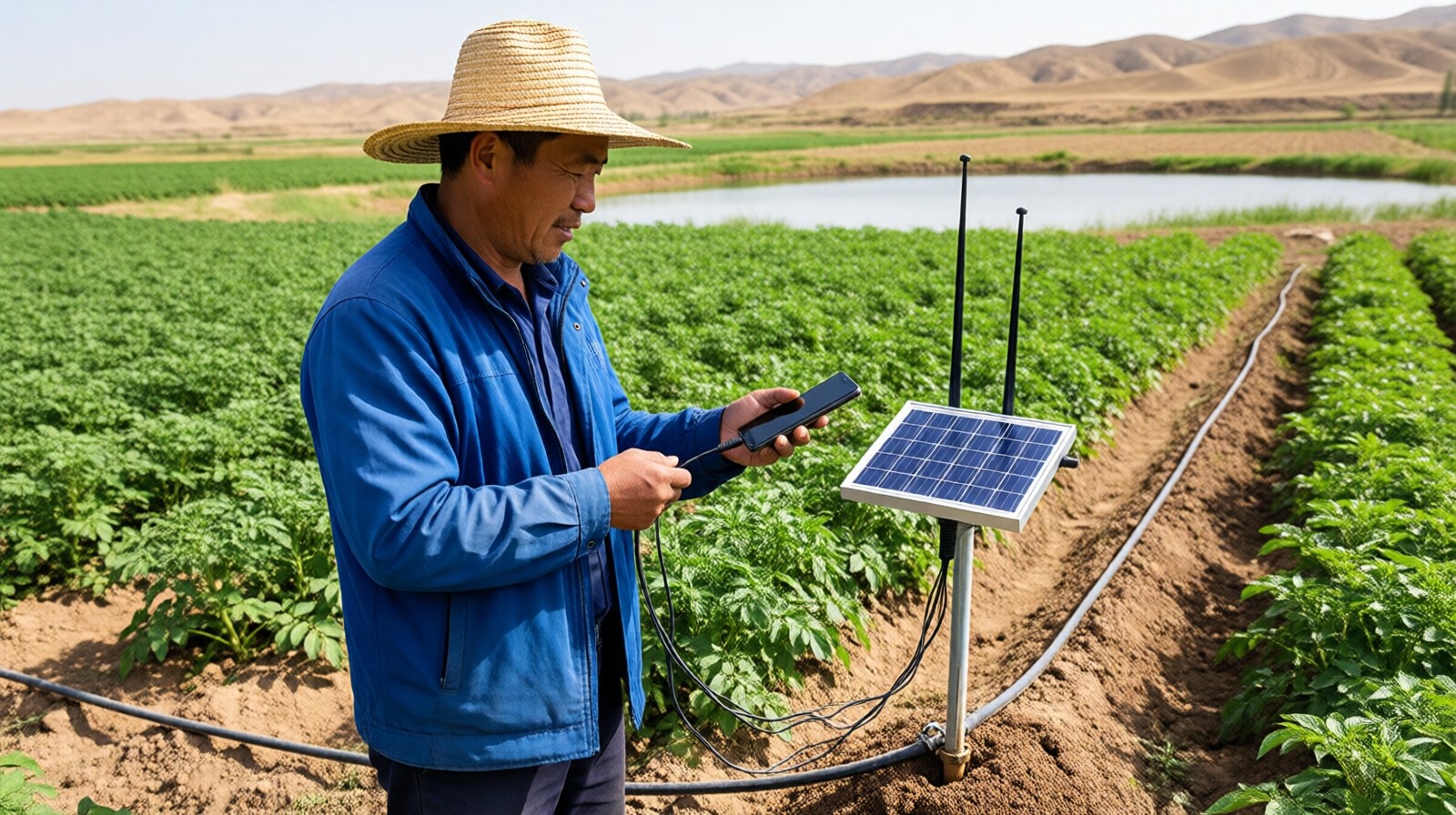 Farmer in Gansu checking a solar-powered irrigation controller and showing a smartphone app in a potato field, with dry hills in the background