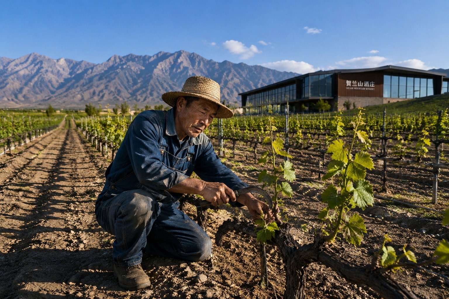 A Ningxia vineyard worker pruning grapevines by hand in a dusty field, with a modern winery building and mountains in the background