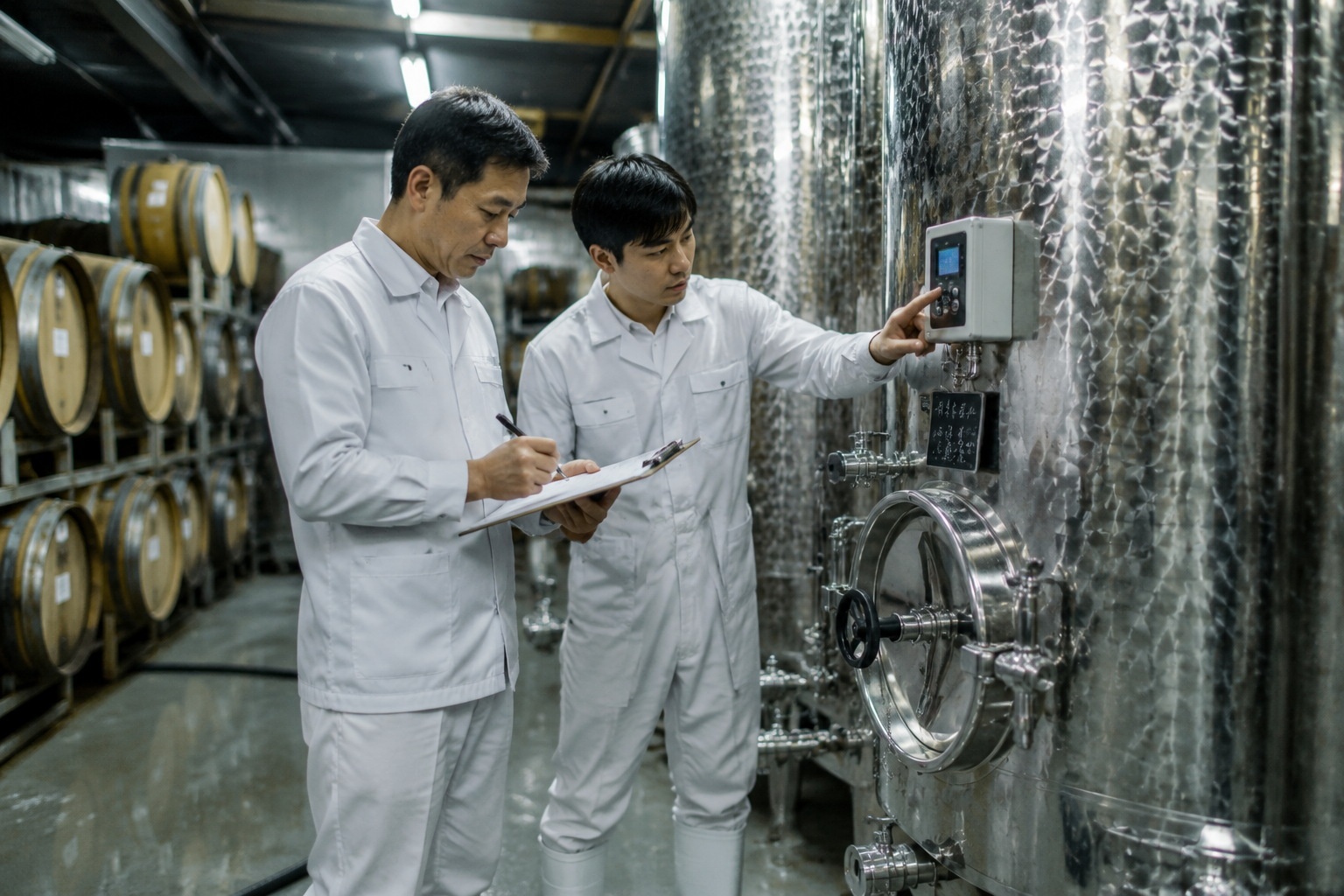 Two winery workers in Ningxia checking fermentation tanks and recording data in a modern cellar
