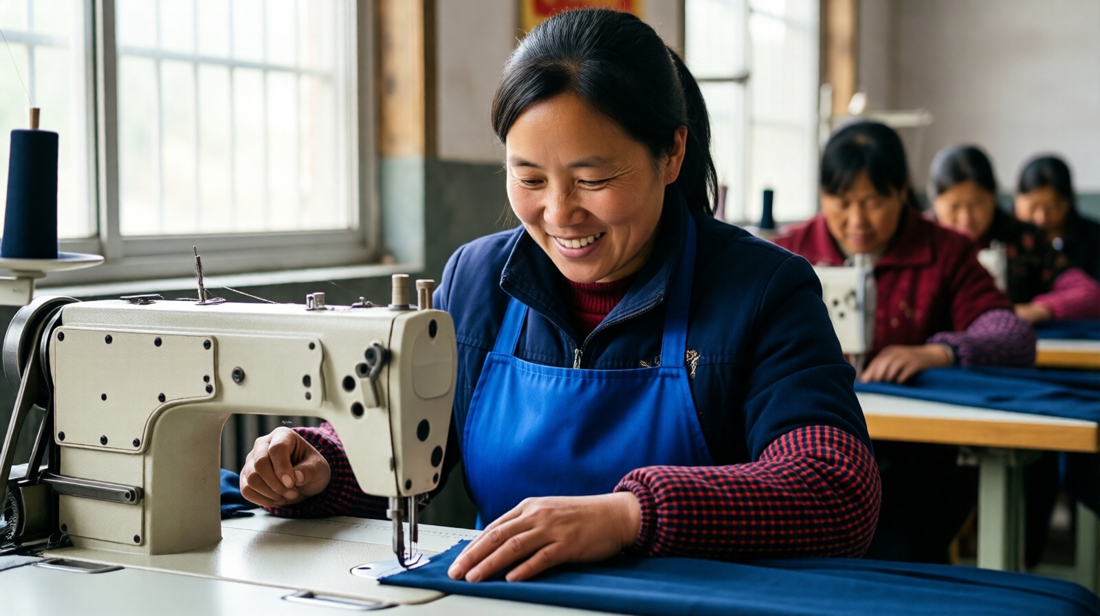 Wang Chunyan smiles while sewing fabric at a poverty-alleviation workshop in Gansu