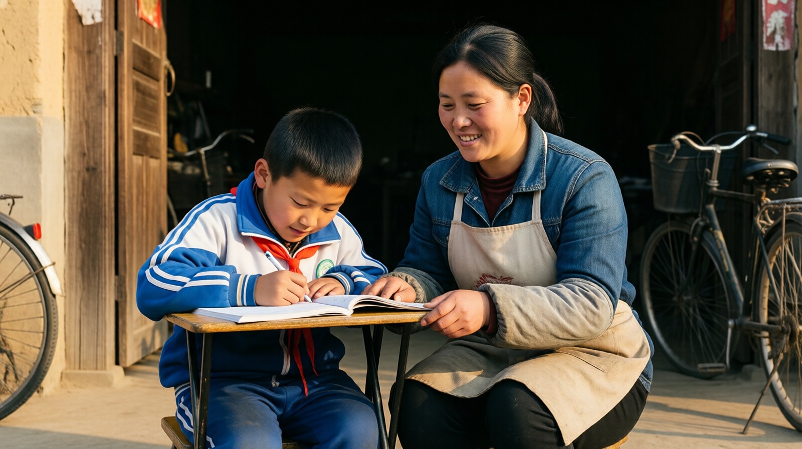 A mother and her son do homework together outside a poverty-alleviation workshop in Gansu