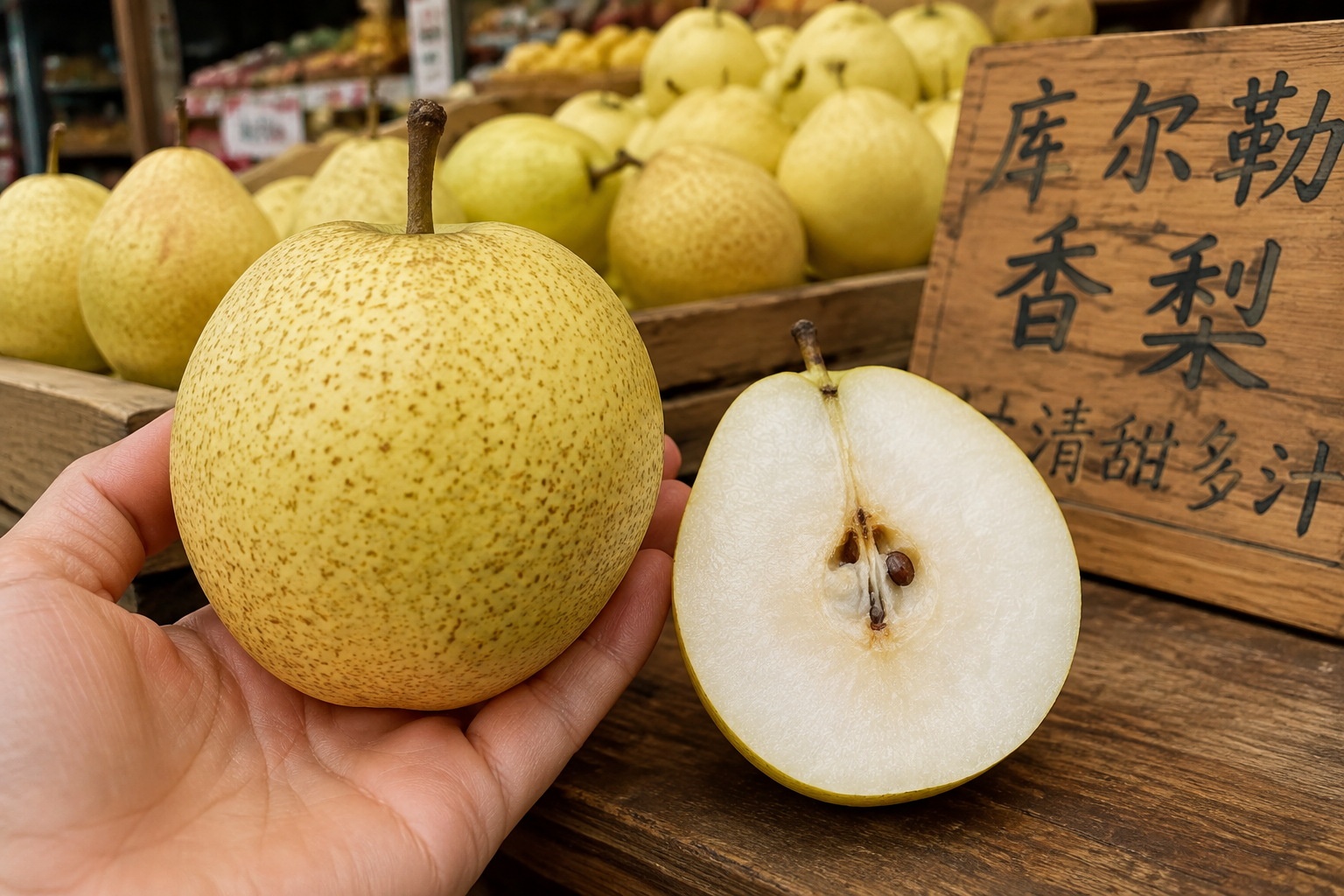 A hand holding a whole Korla pear next to a sliced half, showing the juicy white flesh, at a market in China.