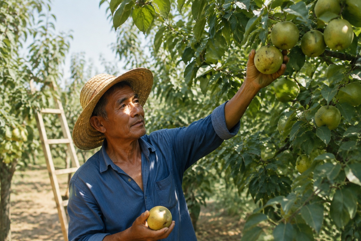 A farmer carefully picking a Korla pear from a tree in an orchard near Korla, Xinjiang.