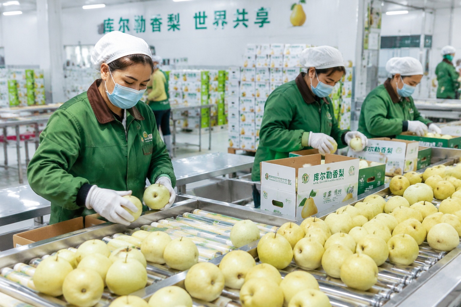 Workers sorting and packing Korla pears in a modern packing house in Xinjiang.