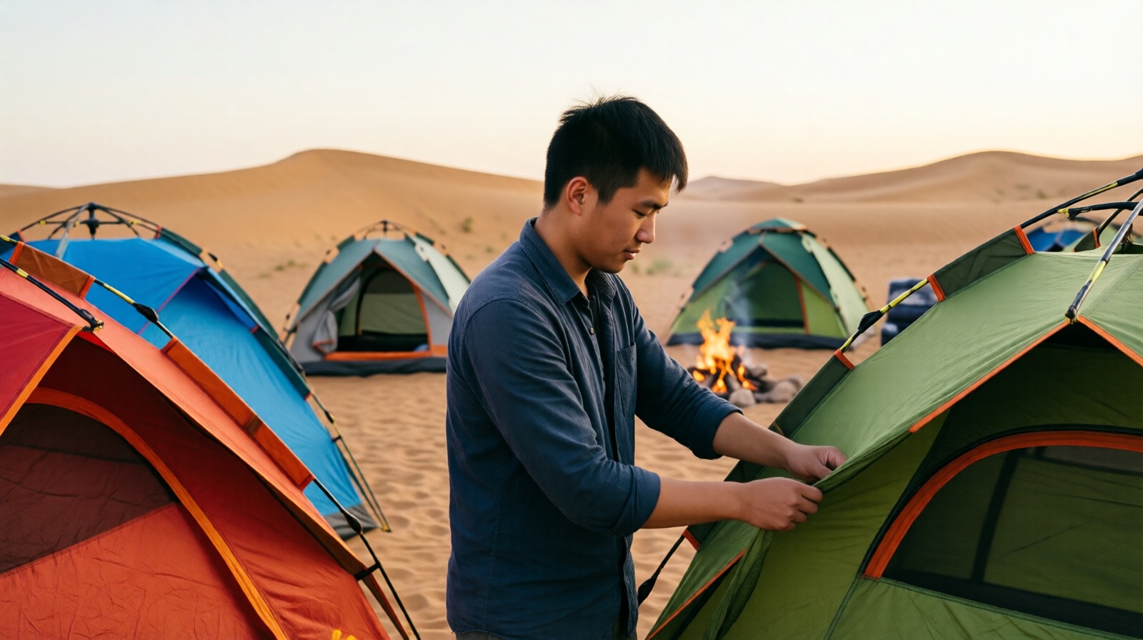 Desert camp owner arranging tents near Crescent Lake at dusk in Dunhuang