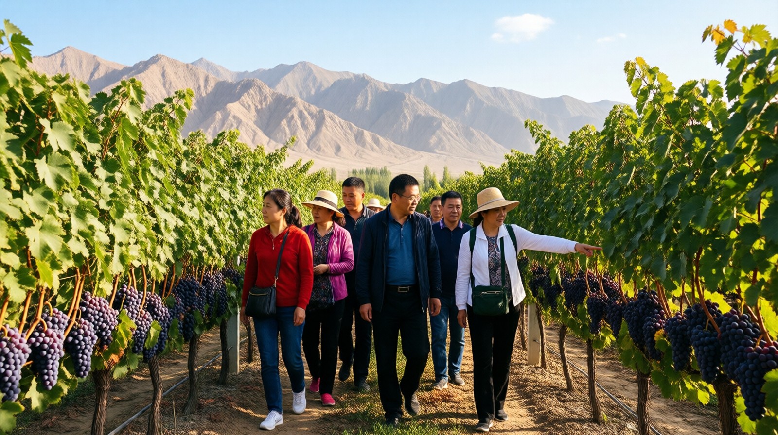 Tourists walking through grape vines at a Ningxia winery with the Helan Mountains in the background