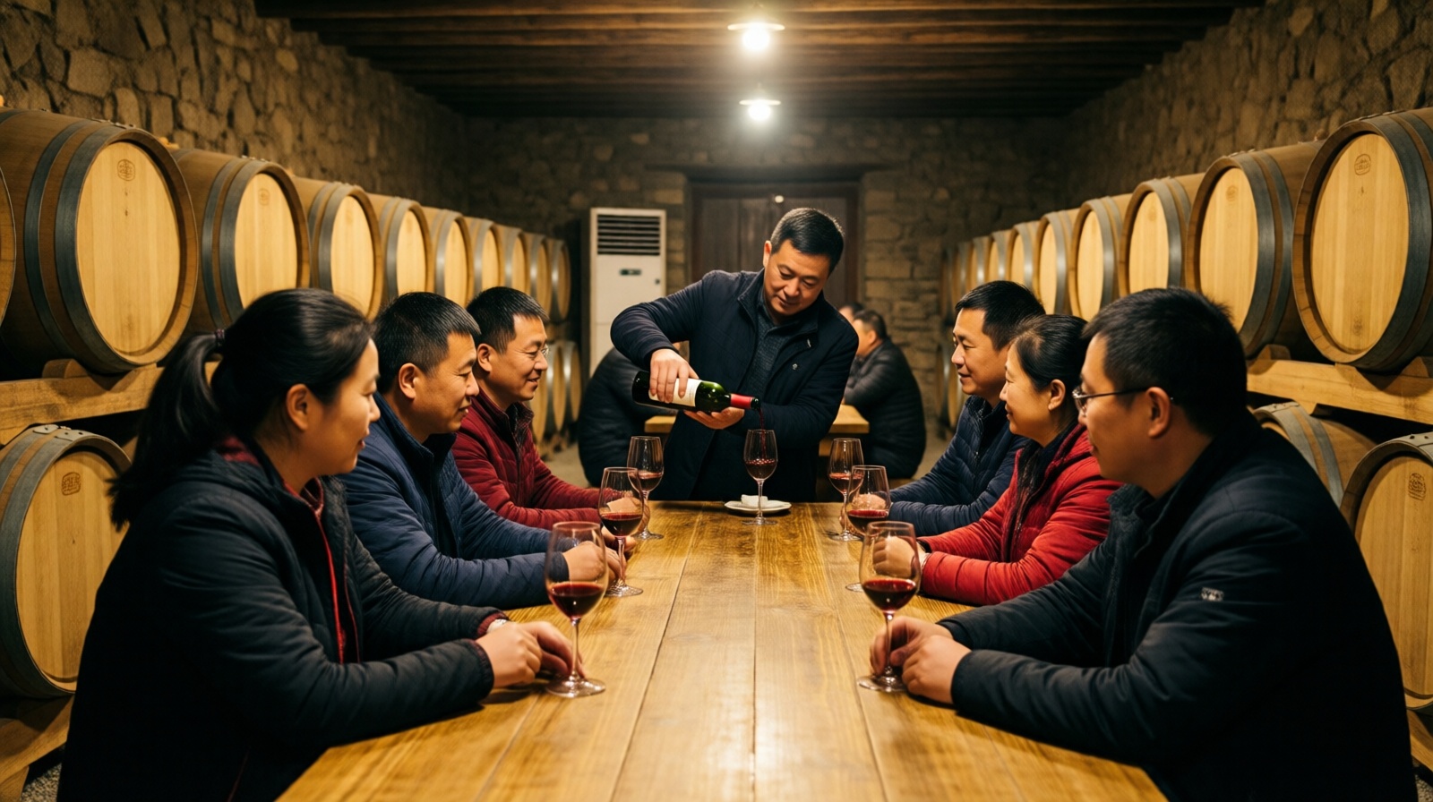 Tourists tasting red wine at a winery cellar in Ningxia